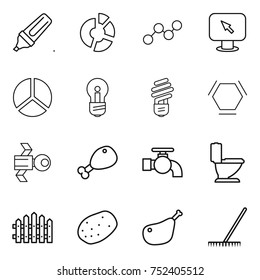 thin line icon set : marker, circle diagram, graph, monitor arrow, bulb, hex molecule, satellite, chicken leg, water tap, toilet, fence, potato, rake
