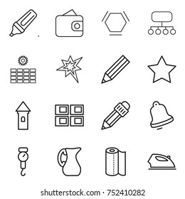 thin line icon set : marker, wallet, hex molecule, structure, sun power, bang, pencil, star, tower, panel house, bell, handle scales, jug, paper towel, iron