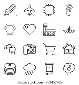 thin line icon set : marker, plane, chip, bulb, hex molecule, heart, mansion, lounger, camera, cart, home, pancakes, rain cloud, hive, garden