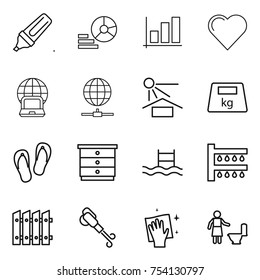 thin line icon set : marker, diagram, graph, heart, notebook globe, connect, sun potection, heavy, flip flops, chest of drawers, pool, watering, fence, blower, wiping, toilet cleaning