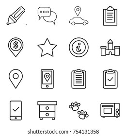 thin line icon set : marker, discussion, car pointer, clipboard, dollar pin, star, info, castle, geo, mobile location, check, checking, nightstand, pets, grill oven