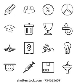 thin line icon set : marker, group, percent, diagram, graduate hat, bin, wineglass, trip, plane, tax, surfer, bulb, colander, syringe, package, water tap sink