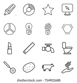 thin line icon set : marker, circle diagram, star, monitor arrow, bulb, hex molecule, lipstick, ruler, water tap, toilet, skimmer, potato, cow, harvest