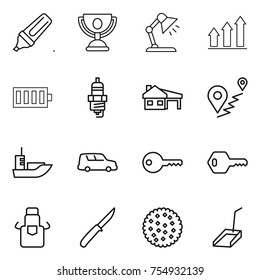 thin line icon set : marker, trophy, table lamp, graph up, battery, spark plug, house with garage, route, sea shipping, car, key, apron, knife, cookies, scoop