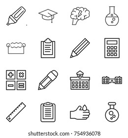 thin line icon set : marker, graduate hat, brain, round flask, electrostatic, clipboard, pencil, calculator, university, school, ruler, acid, chemical