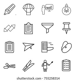 thin line icon set : marker, parachute, presentation, rocket, up down arrow, clipboard, funnel, pin, deltaplane, hotel, beans, scissors, clothespin, woman with duster, list