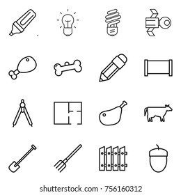 Thin line icon set : marker, bulb, satellite, chicken leg, bone, pencil, fence, drawing compasses, plan, cow, shovel, fork, acorn