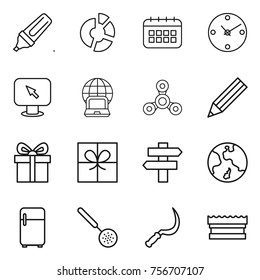 thin line icon set : marker, circle diagram, calendar, clock, monitor arrow, notebook globe, spinner, pencil, gift, singlepost, earth, fridge, skimmer, sickle, sponge
