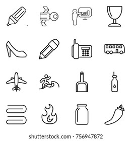 Thin line icon set : marker, satellite, presentation, wineglass, shoes, pencil, phone, bus, airplane, surfer, scoop, vegetable oil, towel, fire, bank, hot pepper