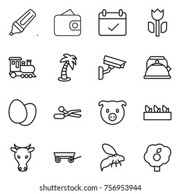 Thin line icon set : marker, wallet, terms, perishable, train, palm, surveillance camera, kettle, eggs, scissors, pig, seedling, cow, trailer, wasp, garden