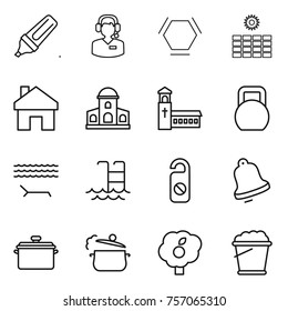 Thin line icon set : marker, call center, hex molecule, sun power, home, mansion, church, heavy, lounger, pool, do not distrub, bell, pan, steam, garden, foam bucket