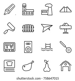 Thin Line Icon Set : Marker, Mansion, Factory, Pyramid, Repair, Fence, Deltaplane, Restaurant, Tv, Speaker, Pool, Skimmer, Cooking Book, Chicken Leg, Pear, Barn