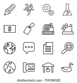 Thin line icon set : marker, 24 7, gear, flask, receipt, label, cashbox, globe, sms, document, cargo search, earth, intercome, warehouse, goose