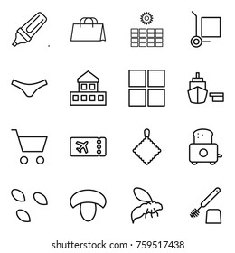 Thin line icon set : marker, shopping bag, sun power, cargo stoller, underpants, cottage, window, port, cart, ticket, rag, toaster, seeds, mushroom, wasp, toilet brush