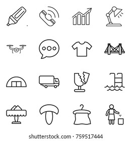 Thin line icon set : marker, call, diagram, table lamp, drone, balloon, t shirt, bridge, hangare, shipping, broken, pool, restaurant, mushroom, hanger, garbage bin