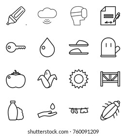 Thin line icon set : marker, cloud wireless, virtual mask, inventory, key, drop, slippers, cook glove, tomato, corn, sun, farm fence, shampoo, hand and, drying clothe, bug