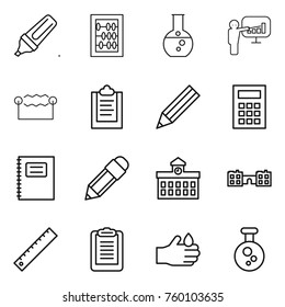 Thin line icon set : marker, abacus, round flask, presentation, electrostatic, clipboard, pencil, calculator, copybook, university, school, ruler, acid, chemical