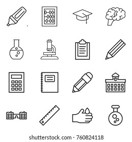 Thin line icon set : marker, abacus, graduate hat, brain, round flask, microscope, clipboard, pencil, calculator, copybook, university, school, ruler, acid, chemical