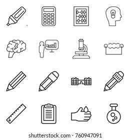 Thin line icon set : marker, calculator, abacus, bulb head, brain, presentation, microscope, electrostatic, pencil, school, ruler, clipboard, acid, chemical