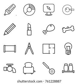 Thin line icon set : marker, circle diagram, monitor arrow, cell corection, pencil, lipstick, chicken leg, bone, fence, drawing compasses, plan, bulb, water tap, toaster, skimmer, salt pepper