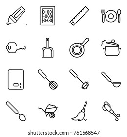 Thin line icon set : marker, abacus, ruler, cafe, key, scoop, pan, steam, kitchen scales, whisk, ladle, big spoon, wheelbarrow, broom, blower