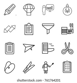 Thin line icon set : marker, parachute, presentation, rocket, up down arrow, clipboard, funnel, mall, deltaplane, hotel, scissors, beans, clothespin, woman with duster, list