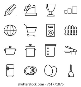 Thin line icon set : marker, cashbox, wineglass, sorting, globe, cart, speaker, fence, pan, measuring cup, garlic clasp, fridge, plates, eggs, broom