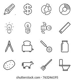 Thin line icon set : marker, dollar, circle diagram, bulb, satellite, ruler, drawing compasses, toaster, skimmer, bank, potato, cow, fork, toilet