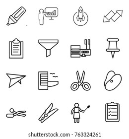 Thin line icon set : marker, presentation, rocket, up down arrow, clipboard, funnel, mall, pin,  plane, hotel, scissors, beans, clothespin, woman with duster, list