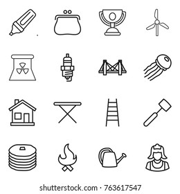Thin line icon set : marker, purse, trophy, windmill, nuclear power, spark plug, bridge, jellyfish, home, iron board, stairs, meat hammer, pancakes, fire, watering can, cleaner