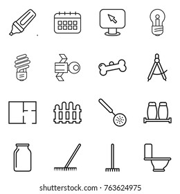 Thin line icon set : marker, calendar, monitor arrow, bulb, satellite, bone, draw compass, plan, fence, skimmer, salt pepper, bank, rake, toilet