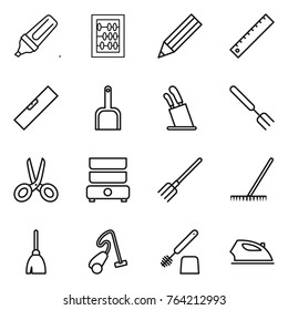 Thin line icon set : marker, abacus, pencil, ruler, level, scoop, stands for knives, big fork, scissors, double boiler, rake, broom, vacuum cleaner, toilet brush, iron
