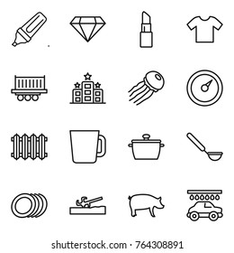 Thin line icon set : marker, diamond, lipstick, t shirt, truck shipping, hotel, jellyfish, barometer, radiator, cup, pan, ladle, plates, soil cutter, pig, car wash