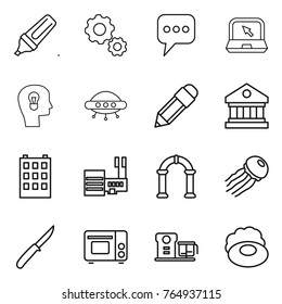 Thin line icon set : marker, gear, message, notebook, bulb head, ufo, pencil, library, building, mall, arch, jellyfish, knife, grill oven, food processor, soap