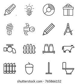 Thin line icon set : marker, bulb, circle diagram, gift, satellite, pencil, draw compass, water tap, fence, salt pepper, cow, acorn, rake, toilet