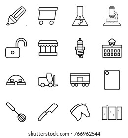 Thin line icon set : marker, delivery, flask, microscope, unlock, market, spark plug, university, dome house, fork loader, railroad shipping, cutting board, whisk, chef knife, horse, clean window