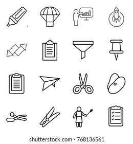 Thin line icon set : marker, parachute, presentation, rocket, up down arrow, clipboard, funnel, pin, deltaplane, scissors, beans, clothespin, woman with duster, list