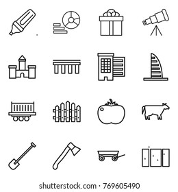 Thin line icon set : marker, diagram, gift, telescope, castle, bridge, houses, skyscraper, truck shipping, fence, tomato, cow, shovel, axe, trailer, clean window