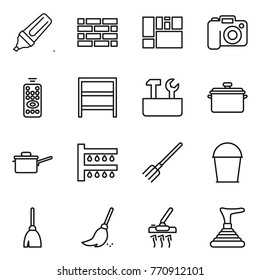 Thin line icon set : marker, brick wall, consolidated cargo, camera, remote control, rack, repair tools, pan, saute, watering, fork, bucket, broom, vacuum cleaner, plunger