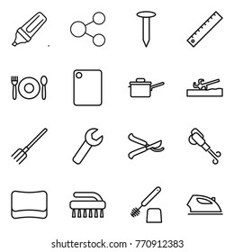 Thin line icon set : marker, share, nail, ruler, cafe, cutting board, saute pan, soil cutter, fork, wrench, pruner, blower, sponge, brush, toilet, iron