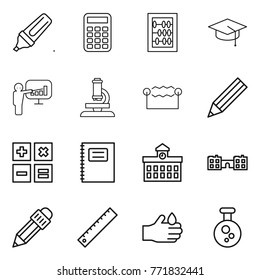 Thin line icon set : marker, calculator, abacus, graduate hat, presentation, microscope, electrostatic, pencil, copybook, university, school, ruler, acid, chemical