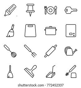Thin line icon set : marker, pin, cafe, key, broom, cutting board, pan, kitchen scales, whisk, big fork, rolling, watering can, scraper, scoop, toilet brush