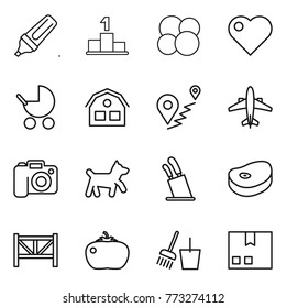 Thin line icon set : marker, pedestal, atom core, heart, baby stroller, house, route, airplane, camera, dog, stands for knives, steake, farm fence, tomato, bucket and broom, package