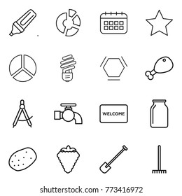 Thin line icon set : marker, circle diagram, calendar, star, bulb, hex molecule, chicken leg, draw compass, water tap, welcome mat, bank, potato, berry, shovel, rake