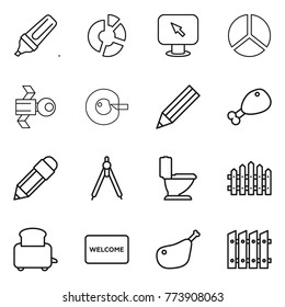 Thin line icon set : marker, circle diagram, monitor arrow, satellite, cell corection, pencil, chicken leg, drawing compasses, toilet, fence, toaster, welcome mat