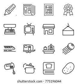 Thin line icon set : marker, newspaper, abacus, medal, market scales, tv, shop, loading crane, train, trailer, baggage checking, jellyfish, mixer, steam pan, cooking book, potato