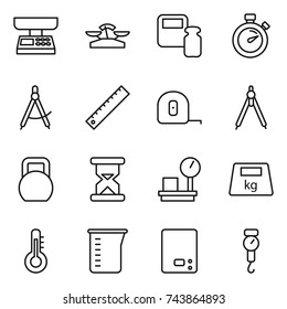 thin line icon set : market scales, weight, stopwatch, draw compass, ruler, measuring tape, drawing compasses, heavy, sand clock, warehouse, thermometer, cup, kitchen, handle