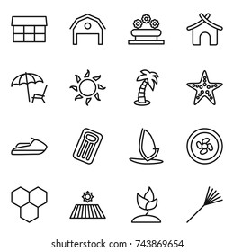 thin line icon set : market, barn, flower bed, bungalow, lounger, sun, palm, starfish, jet ski, inflatable mattress, windsurfing, cooler fan, honeycombs, field, sprouting, rake