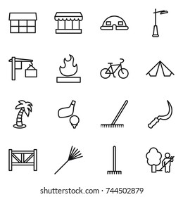 thin line icon set : market, dome house, outdoor light, loading, flammable, bike, tent, palm, golf, rake, sickle, farm fence, garden cleaning