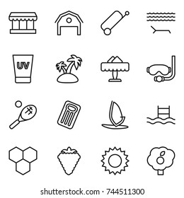 thin line icon set : market, barn, suitcase, lounger, uv cream, island, restaurant, diving mask, tennis, inflatable mattress, windsurfing, pool, honeycombs, berry, sun, garden